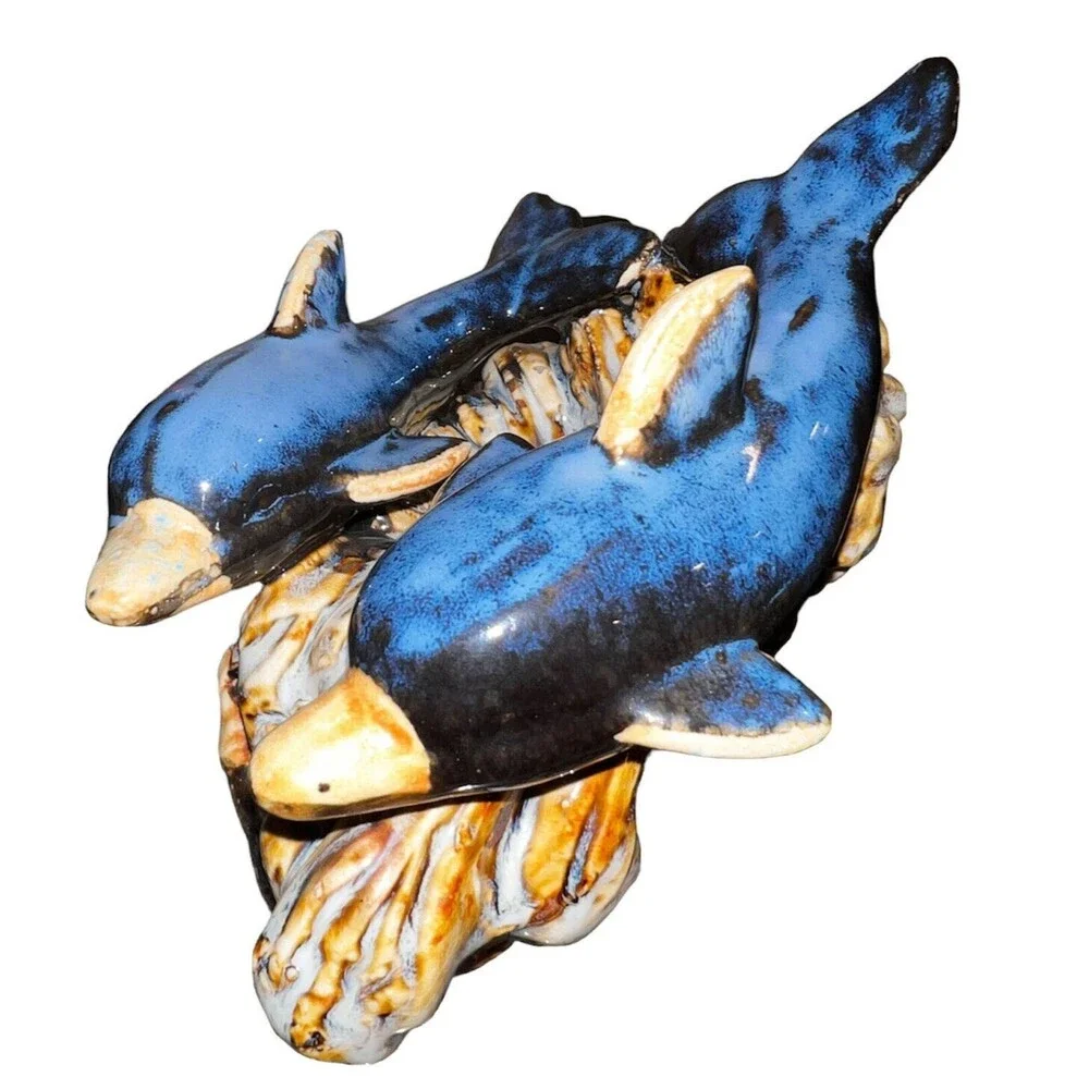 Dolphin On A Wave Ceramic Drip Glaze Vintage Ocean sea life Nautical Pottery Art